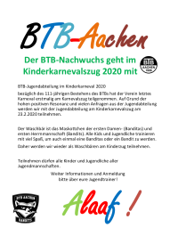 Flyer zur Info über die BTB-Teilnahme am Aachener Karnvals-Kinderzug am 23.02.2020