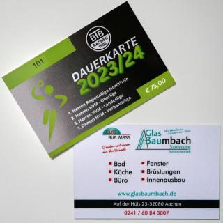 BTB-Dauerkarte der Saison 2023/2024 präsentiert von BTB-Sponsor 'Glas Baumbach'; Aachen, 07.08.2023
